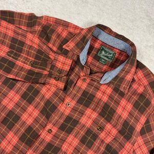 Woolrich Button Down Mens L Red Brown Plaid Flannel Shirt Long Sleeve Outdoor